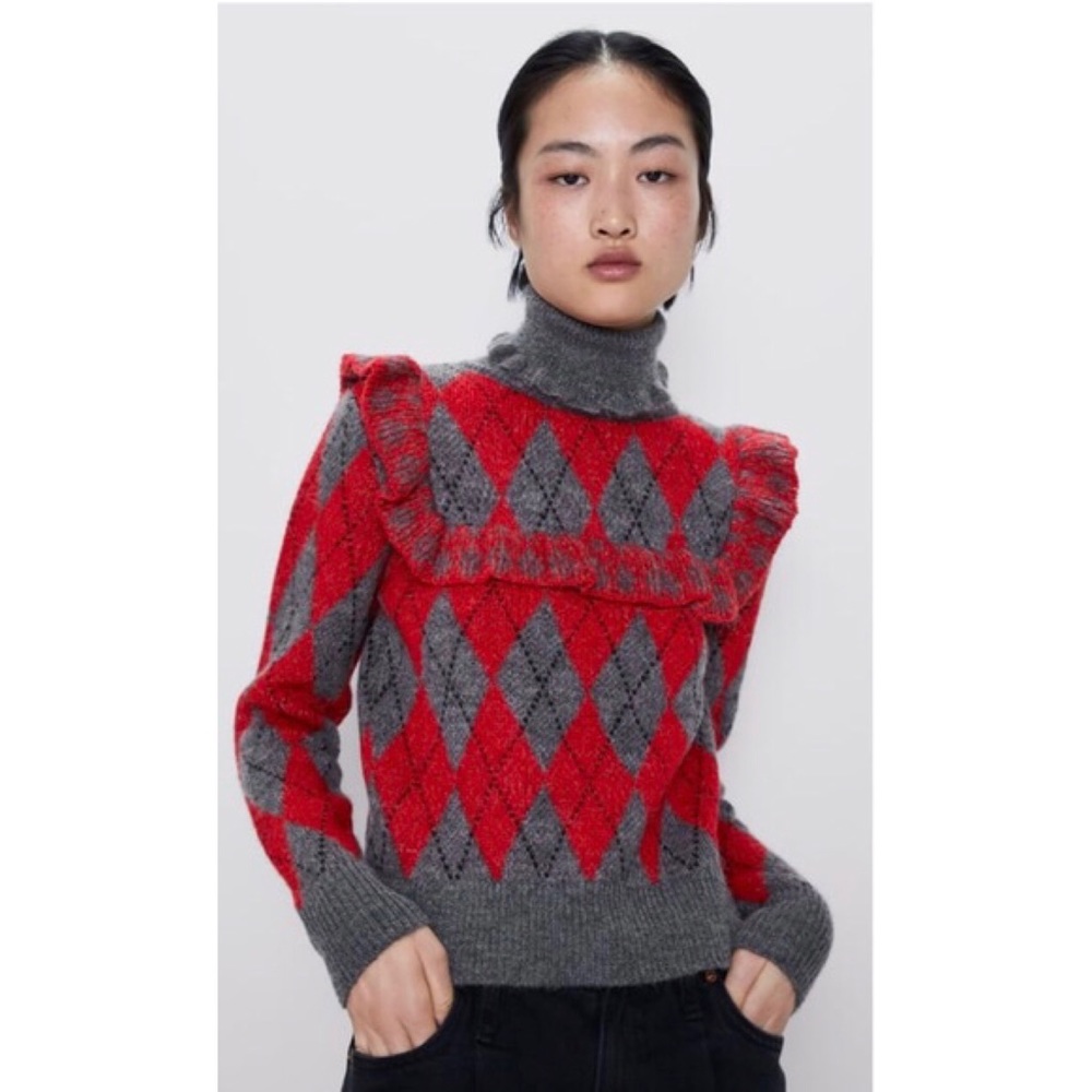 Zara Argyle Turtleneck Ruffle Mohair Blend Red Grey Black Sweater, size S